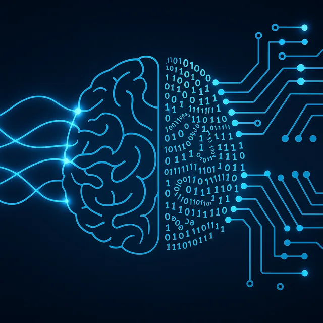 Illustration of a brain merging with digital circuitry